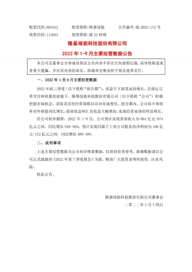 隆基綠能：營收或超864億，預(yù)計前三季凈利或在106億元-112億元之間