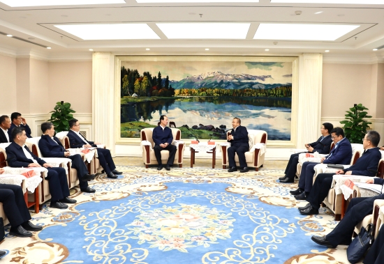 中國(guó)電建黨委書(shū)記、董事長(zhǎng)丁焰章與新疆維吾爾自治區(qū)政府主席艾爾肯·吐尼亞孜會(huì)談